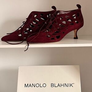 MANOLO BLAHNIK ‘Gondola’ Samba 50 Heels – Bordeaux Velukid Suede | EU 39.5 US 9